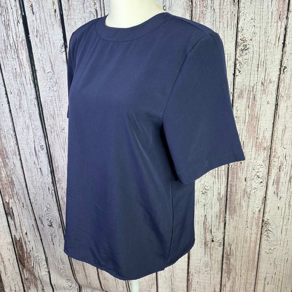 Worthington Vintage‎ Navy Blue Petite Medium Blouse Short Sleeve Shoulder Pads